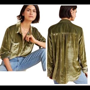 Anthropologie Green Karina Velvet Shirt Buttondown